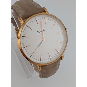 Cluse Watch Womens 38mm Gold Tone Round Dial‎ Beige Leather Band- New Battery